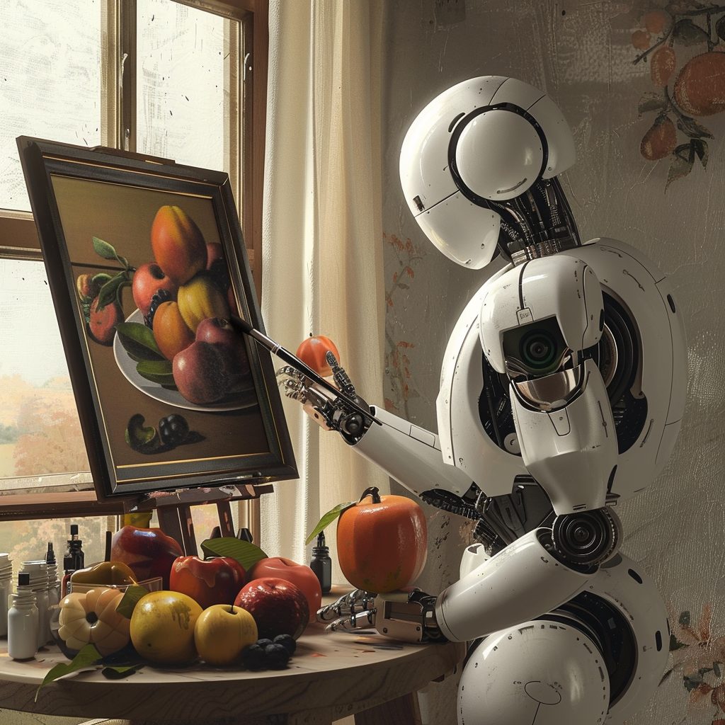 an ai generated image of a robot painting fruit